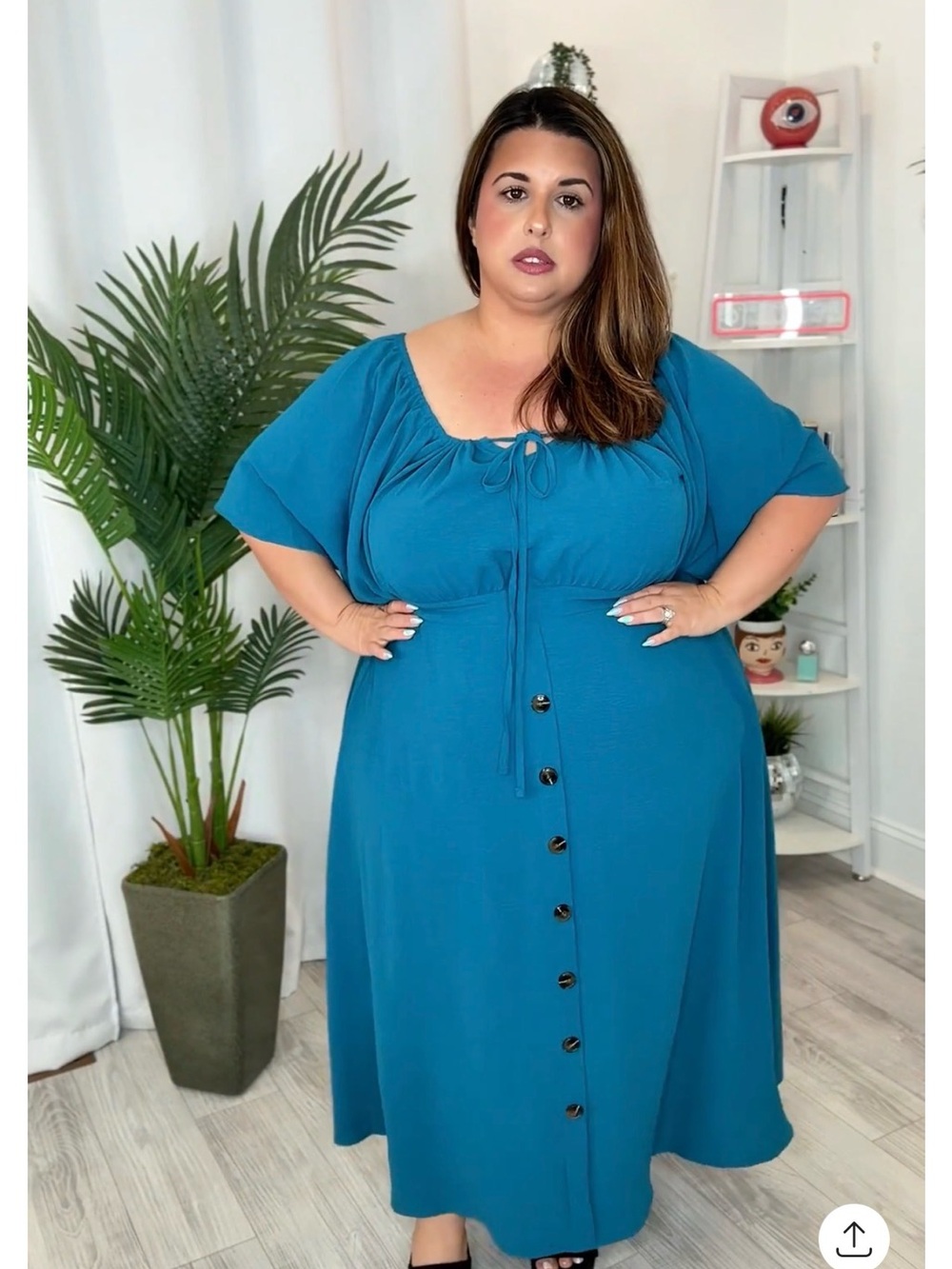Plus Size Teal Button-Front Midi Dress with Tie Neck